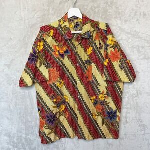 Bali Bagus Batik Shirt Mens XL Red Gold Floral Geometric Indonesian Style